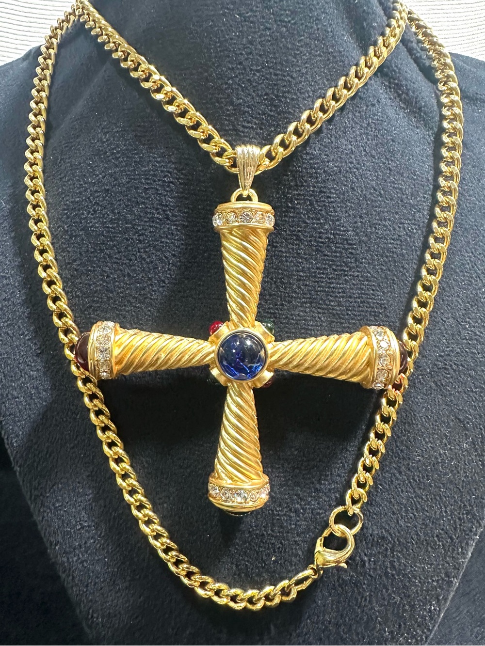 Beautiful MCM Multicolored Cabochon & Rhinestone Cross Pendant Necklace